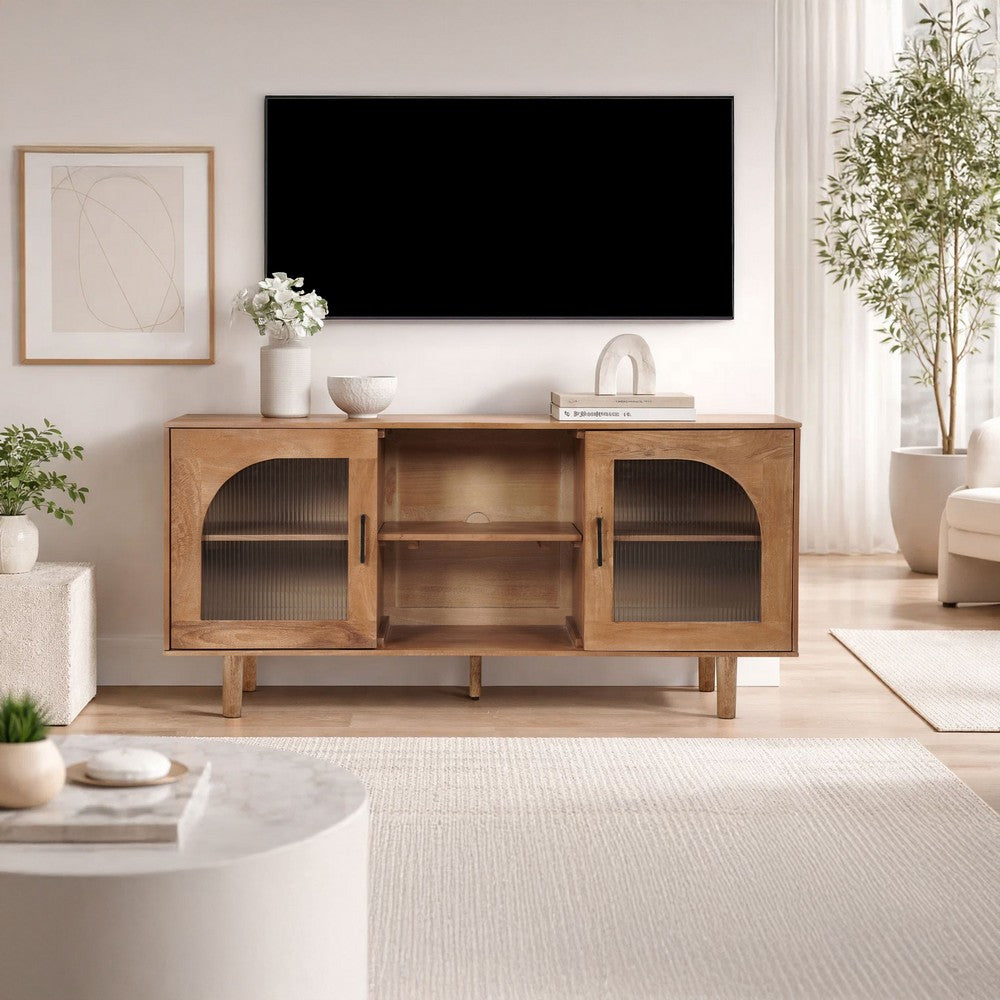 64 Inch James TV Stand Console, 2 Arch Glass Door Cabinets & Shelves, Walnut Brown Mango Wood - UPT-332357