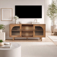 64 Inch James TV Stand Console, 2 Arch Glass Door Cabinets & Shelves, Walnut Brown Mango Wood - UPT-332357