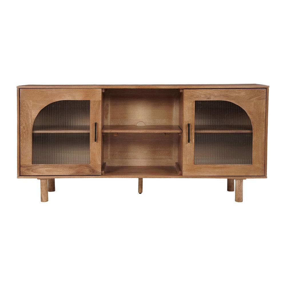64 Inch James TV Stand Console, 2 Arch Glass Door Cabinets & Shelves, Walnut Brown Mango Wood - UPT-332357