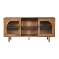 64 Inch James TV Stand Console, 2 Arch Glass Door Cabinets & Shelves, Walnut Brown Mango Wood - UPT-332357