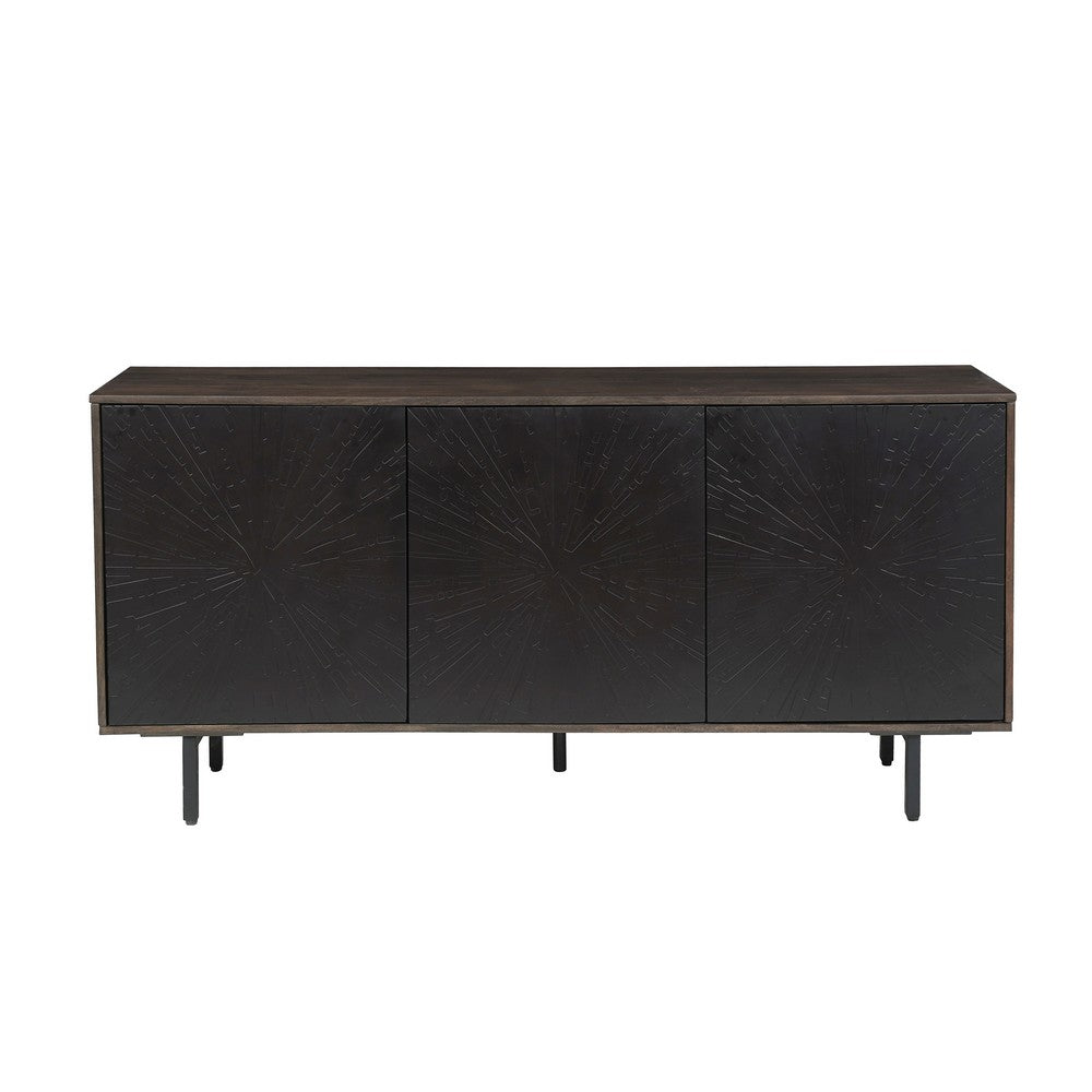 64 Inch Cosmo TV Stand Console, 3-Door Cabinet, Dark Walnut Brown & Black Mango Wood - UPT-332358