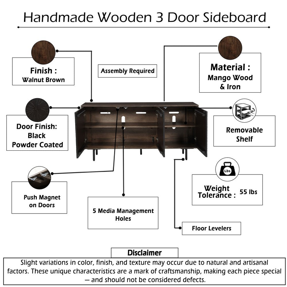 64 Inch Cosmo TV Stand Console, 3-Door Cabinet, Dark Walnut Brown & Black Mango Wood - UPT-332358