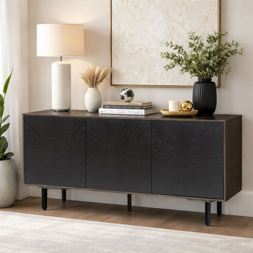 64 Inch Cosmo TV Stand Console, 3-Door Cabinet, Dark Walnut Brown & Black Mango Wood - UPT-332358