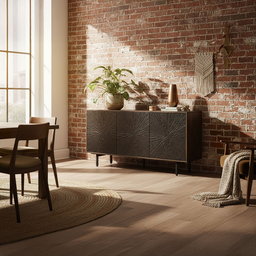 64 Inch Cosmo TV Stand Console, 3-Door Cabinet, Dark Walnut Brown & Black Mango Wood - UPT-332358