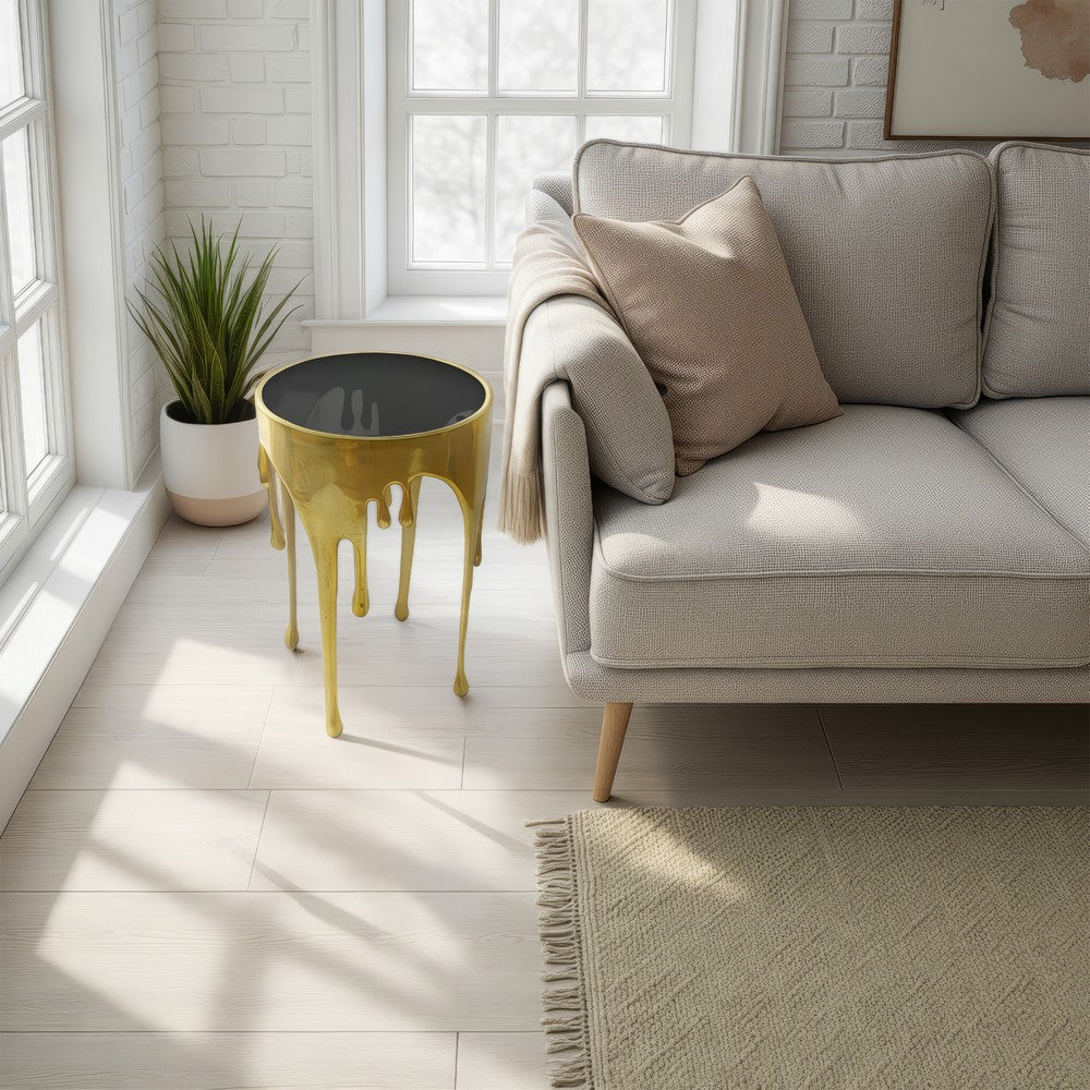 Capri Side End Table | 24.75 Inch Round Glass Top | Melting Drip Design |  Antique Gold - UPT-332445