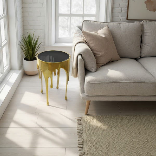 Capri Side End Table | 24.75 Inch Round Glass Top | Melting Drip Design |  Antique Gold - UPT-332445