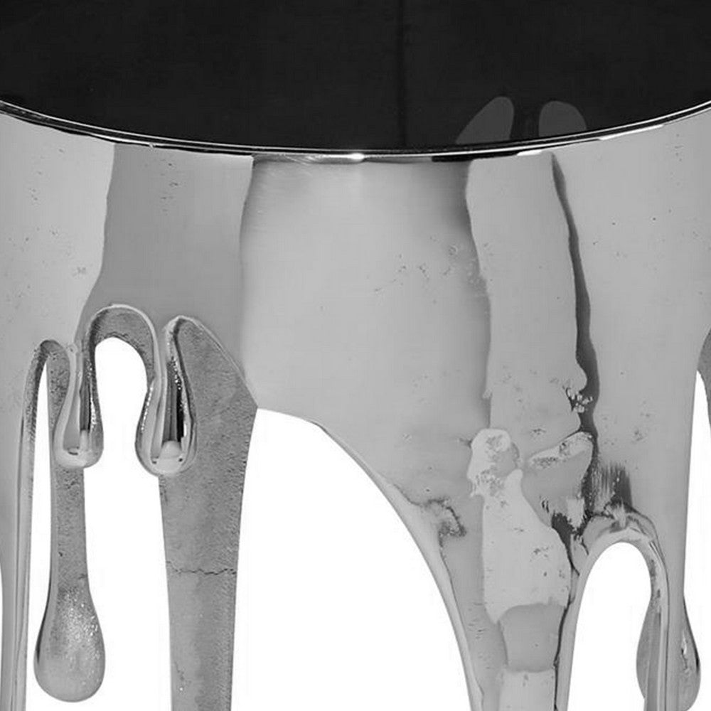 Capri Side End Table | 24.75 Inch Round Glass Top | Melting Drip Design | Silver - UPT-332446