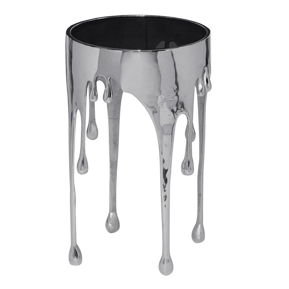 Capri Side End Table | 24.75 Inch Round Glass Top | Melting Drip Design | Silver - UPT-332446