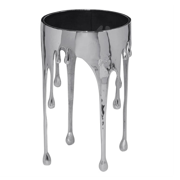 Capri Side End Table | 24.75 Inch Round Glass Top | Melting Drip Design | Silver - UPT-332446