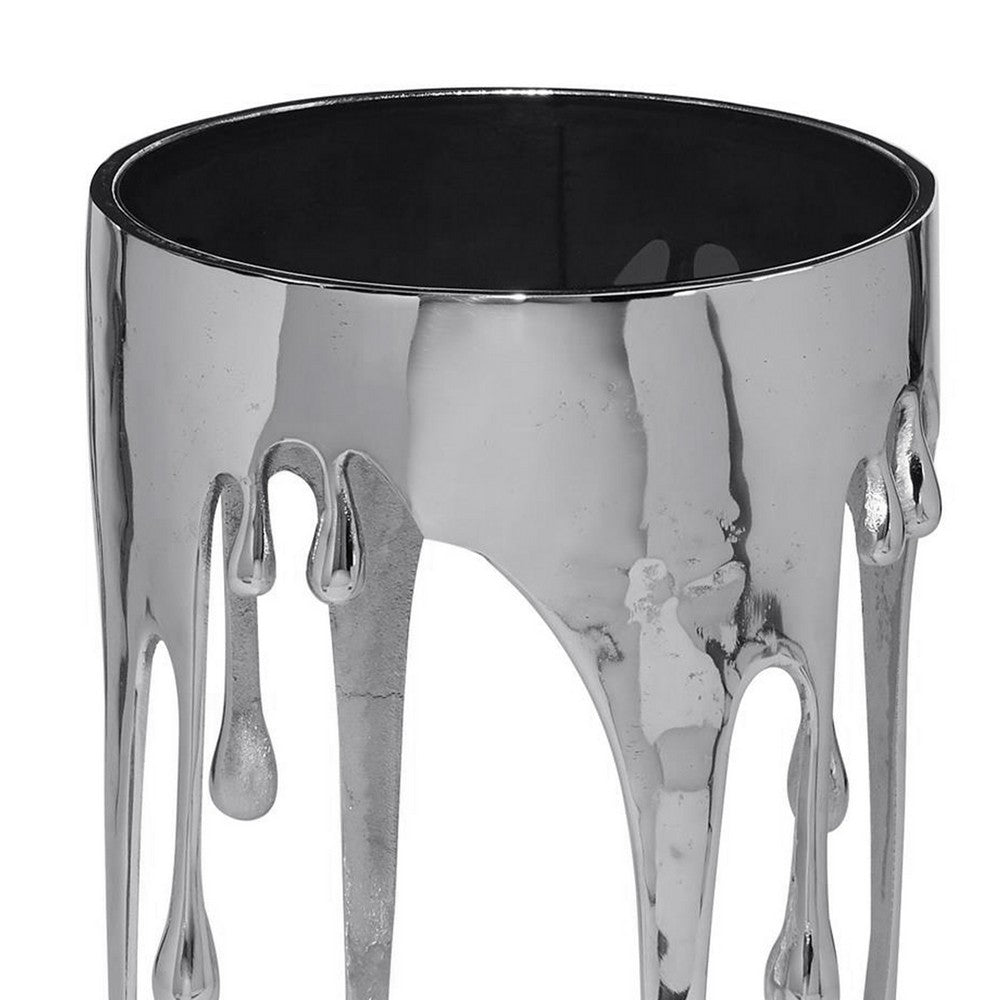 Capri Side End Table | 24.75 Inch Round Glass Top | Melting Drip Design | Silver - UPT-332446