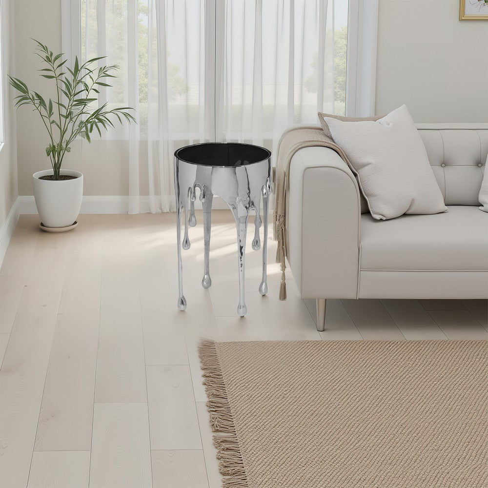 Capri Side End Table | 24.75 Inch Round Glass Top | Melting Drip Design | Silver - UPT-332446