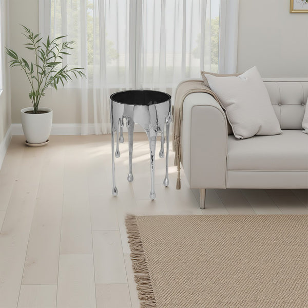 Capri Side End Table | 24.75 Inch Round Glass Top | Melting Drip Design | Silver - UPT-332446