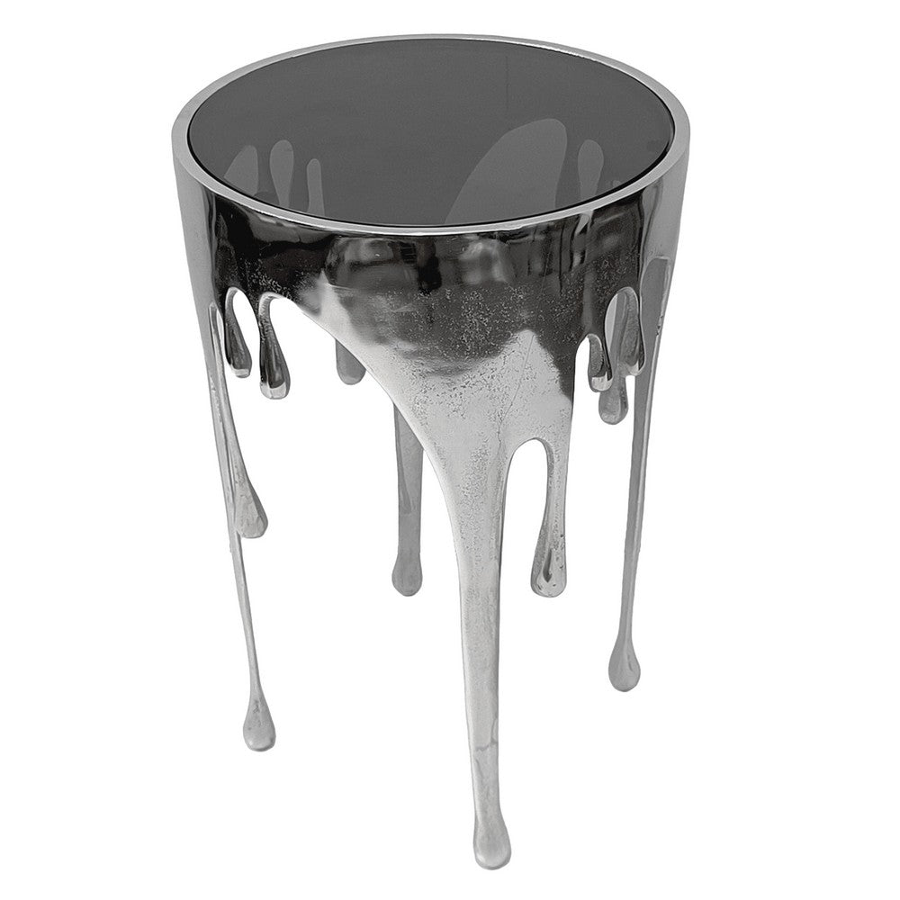 Capri Side End Table | 24.75 Inch Round Glass Top | Melting Drip Design | Silver - UPT-332446