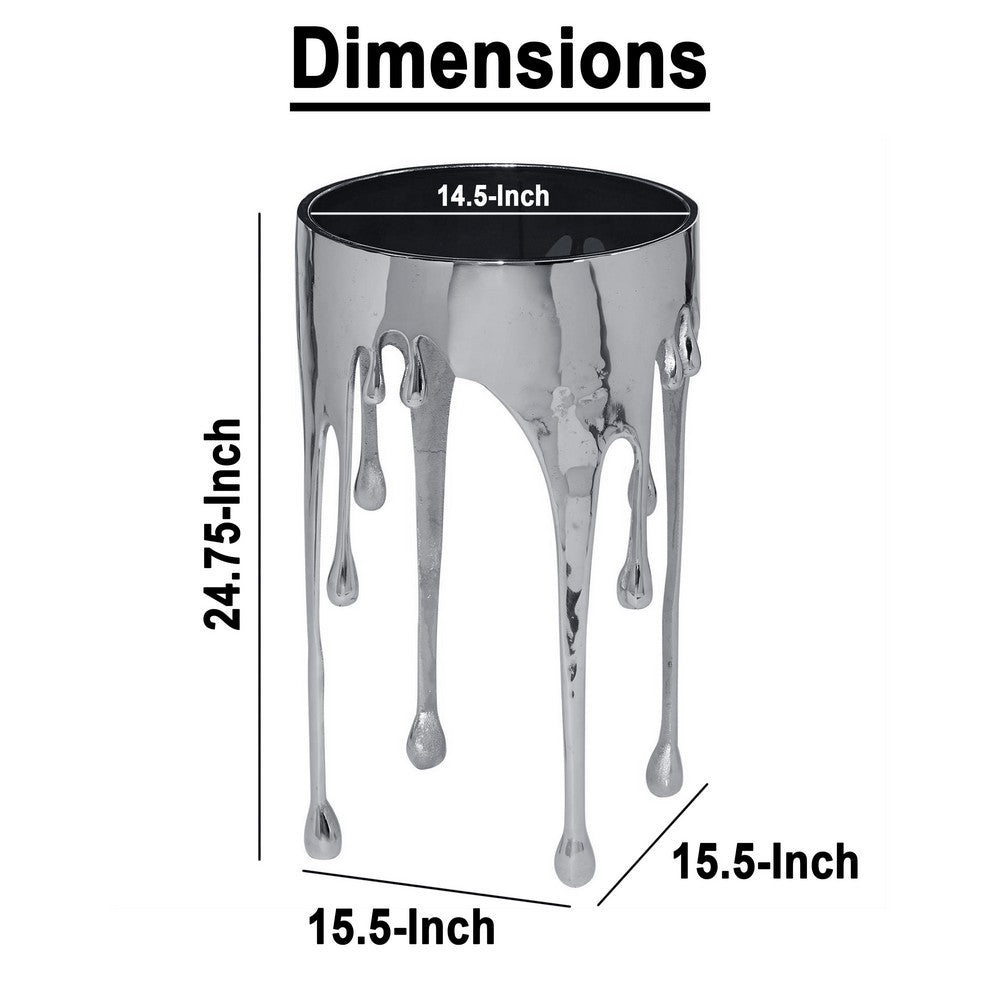 Capri Side End Table | 24.75 Inch Round Glass Top | Melting Drip Design | Silver - UPT-332446