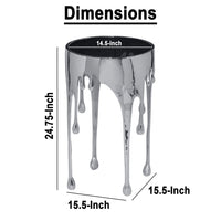 Capri Side End Table | 24.75 Inch Round Glass Top | Melting Drip Design | Silver - UPT-332446