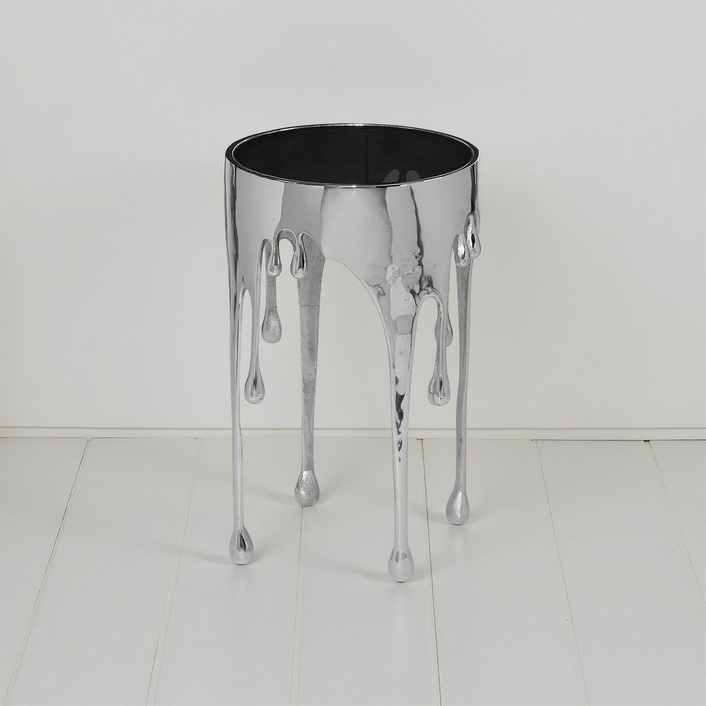 Capri Side End Table | 24.75 Inch Round Glass Top | Melting Drip Design | Silver - UPT-332446