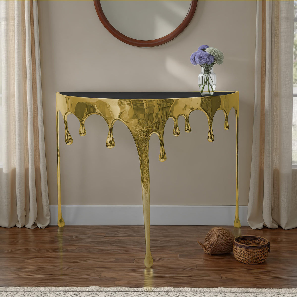 Capri Sofa Console Table | 36.25" Half Moon Glass Top | Melting Drip Design | Aluminum Cast | Antique Gold -  UPT-332447