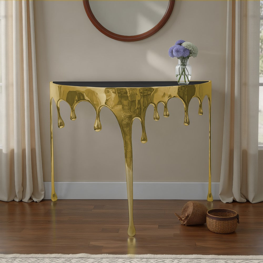 Capri Sofa Console Table | 36.25" Half Moon Glass Top | Melting Drip Design | Aluminum Cast | Antique Gold -  UPT-332447