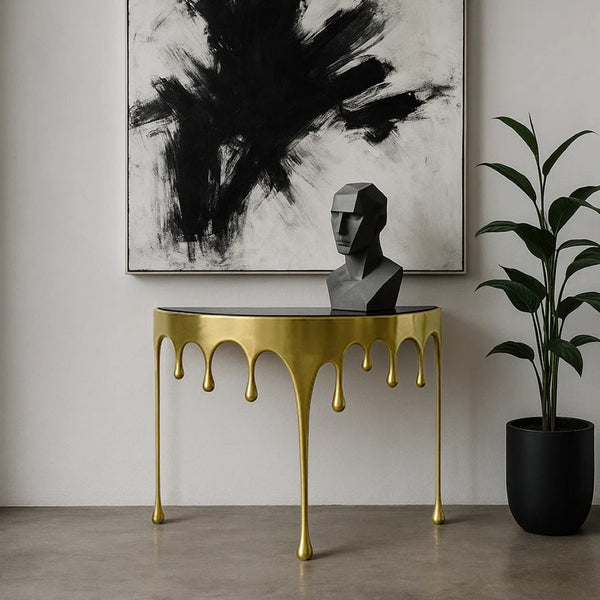 Capri Sofa Console Table | 36.25" Half Moon Glass Top | Melting Drip Design | Aluminum Cast | Antique Gold -  UPT-332447