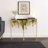 Capri Sofa Console Table | 36.25" Half Moon Glass Top | Melting Drip Design | Aluminum Cast | Antique Gold -  UPT-332447