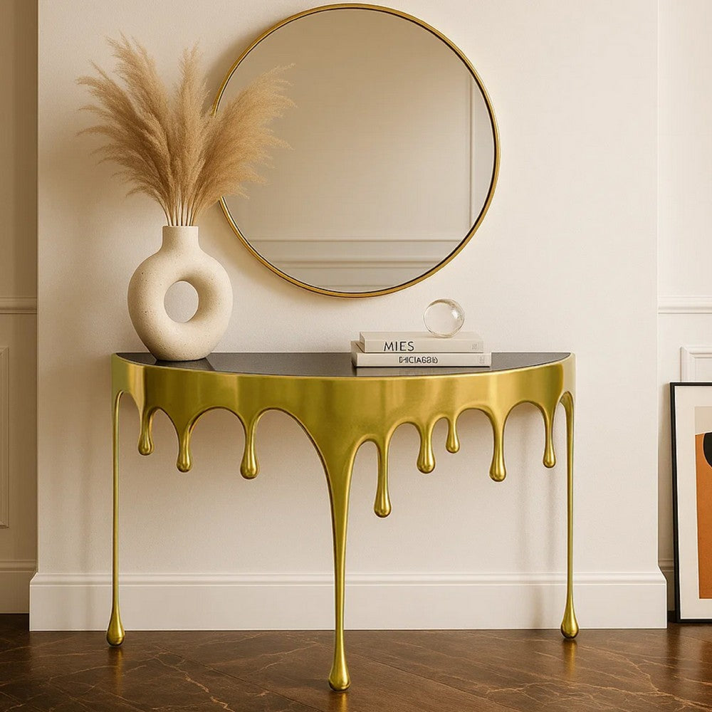 Capri Sofa Console Table | 36.25" Half Moon Glass Top | Melting Drip Design | Aluminum Cast | Antique Gold -  UPT-332447