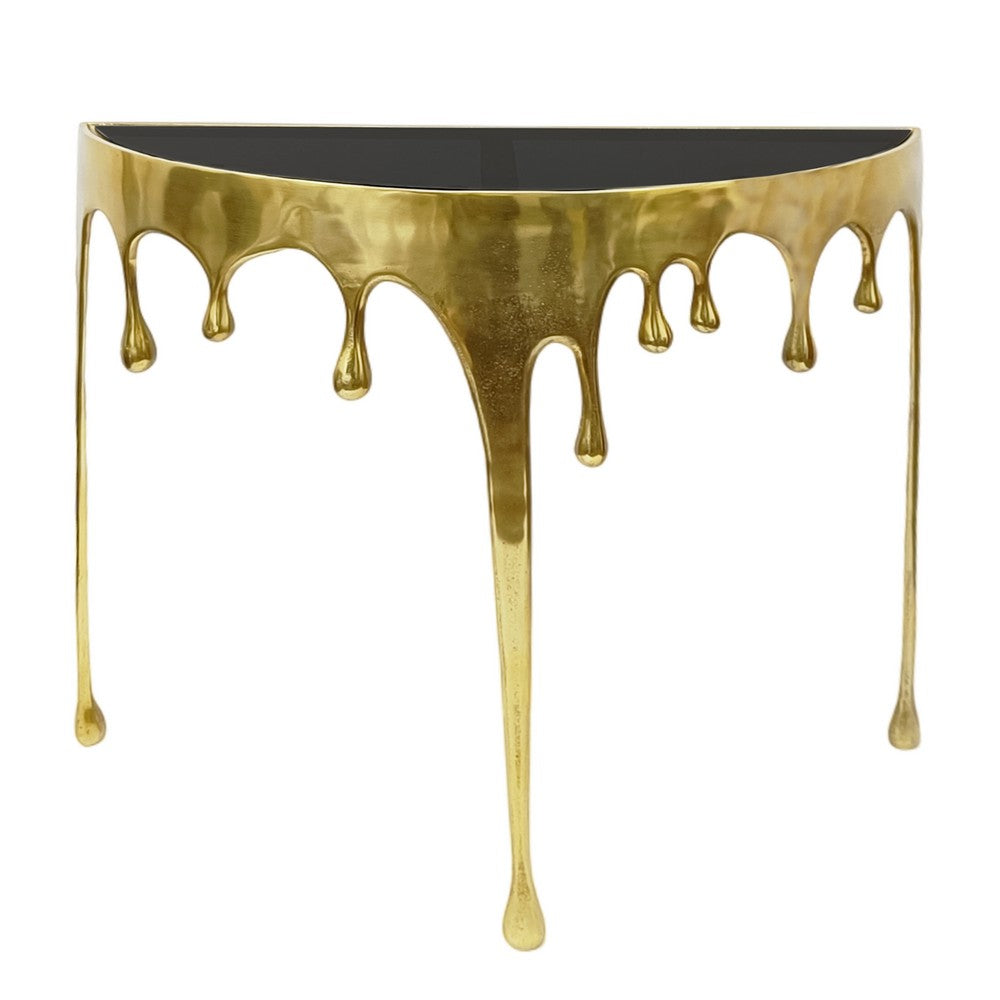 Capri Sofa Console Table | 36.25" Half Moon Glass Top | Melting Drip Design | Aluminum Cast | Antique Gold -  UPT-332447