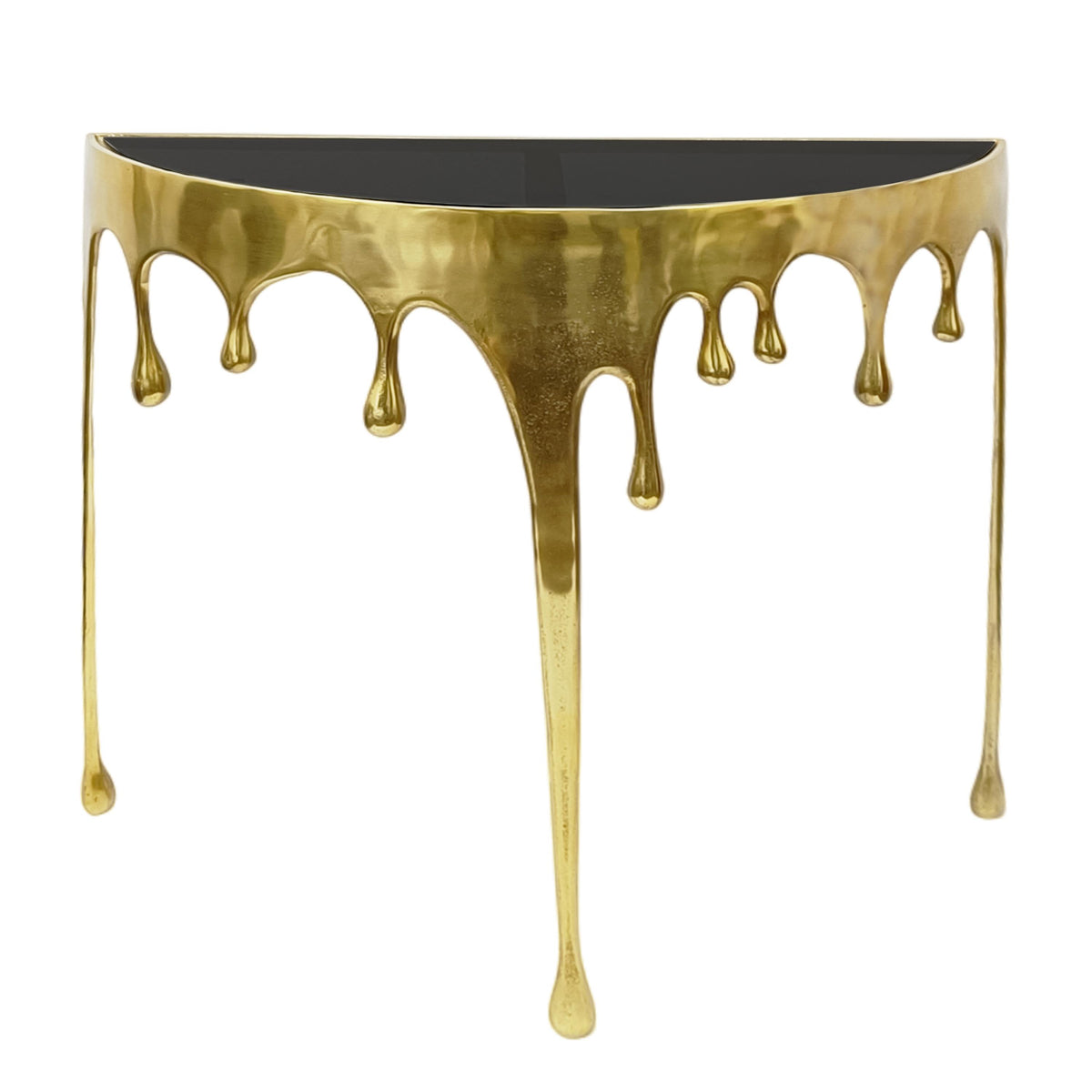 Capri Sofa Console Table | 36.25" Half Moon Glass Top | Melting Drip Design | Aluminum Cast | Antique Gold -  UPT-332447