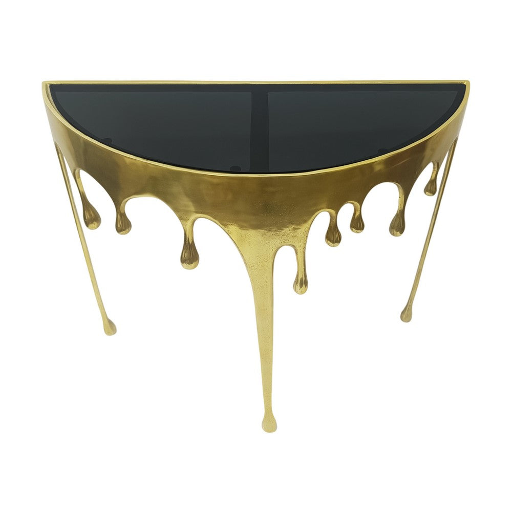 Capri Sofa Console Table | 36.25" Half Moon Glass Top | Melting Drip Design | Aluminum Cast | Antique Gold -  UPT-332447