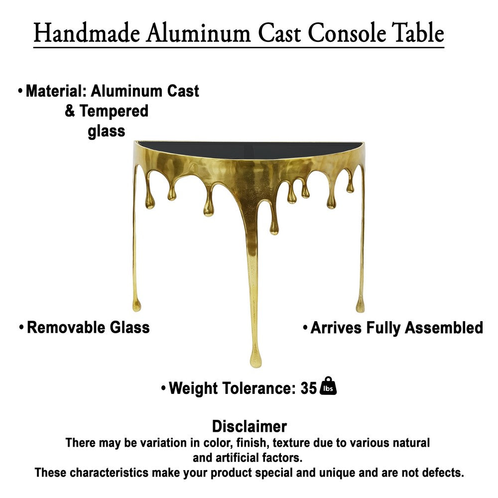 Capri Sofa Console Table | 36.25" Half Moon Glass Top | Melting Drip Design | Aluminum Cast | Antique Gold -  UPT-332447