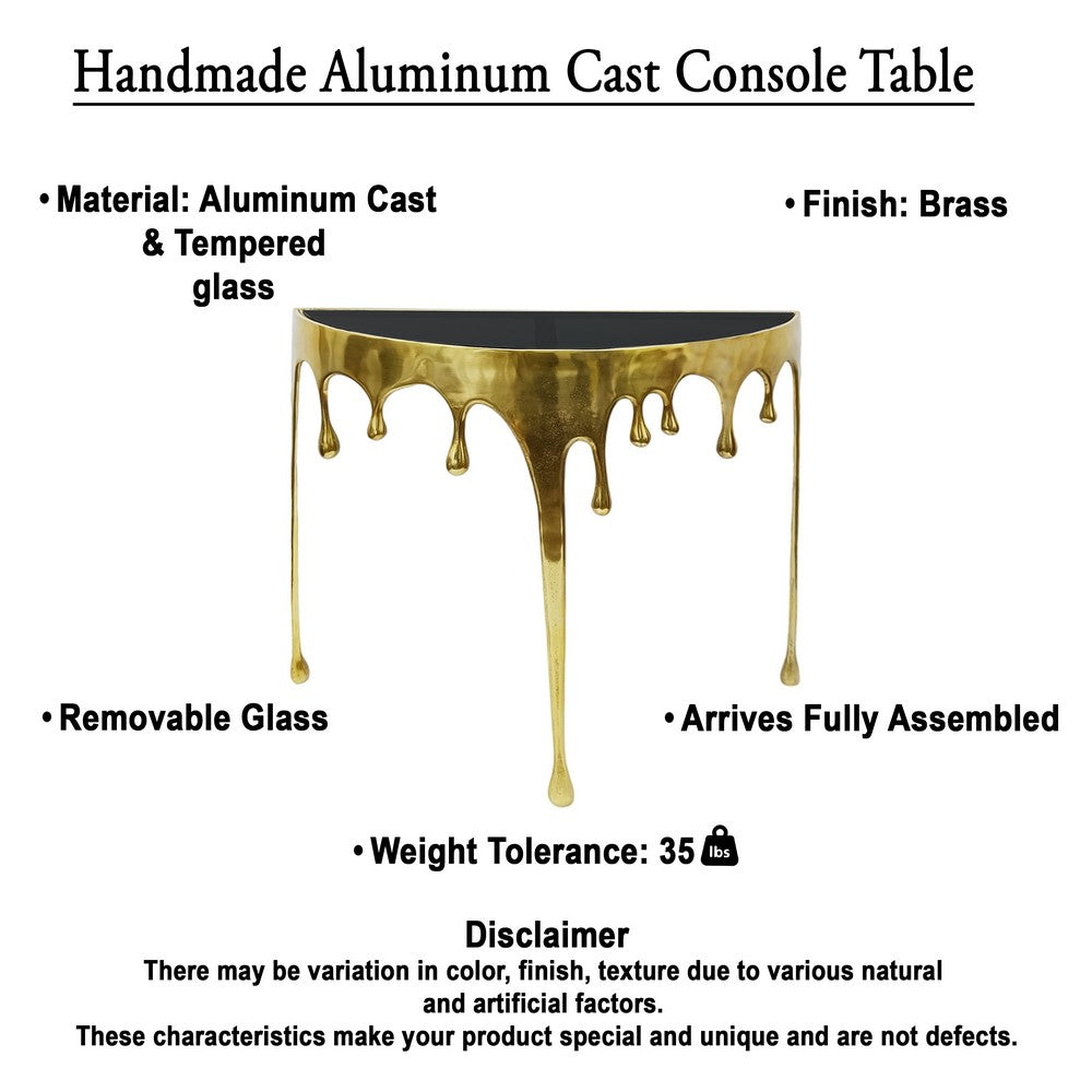 Capri Sofa Console Table | 36.25" Half Moon Glass Top | Melting Drip Design | Aluminum Cast | Antique Gold -  UPT-332447