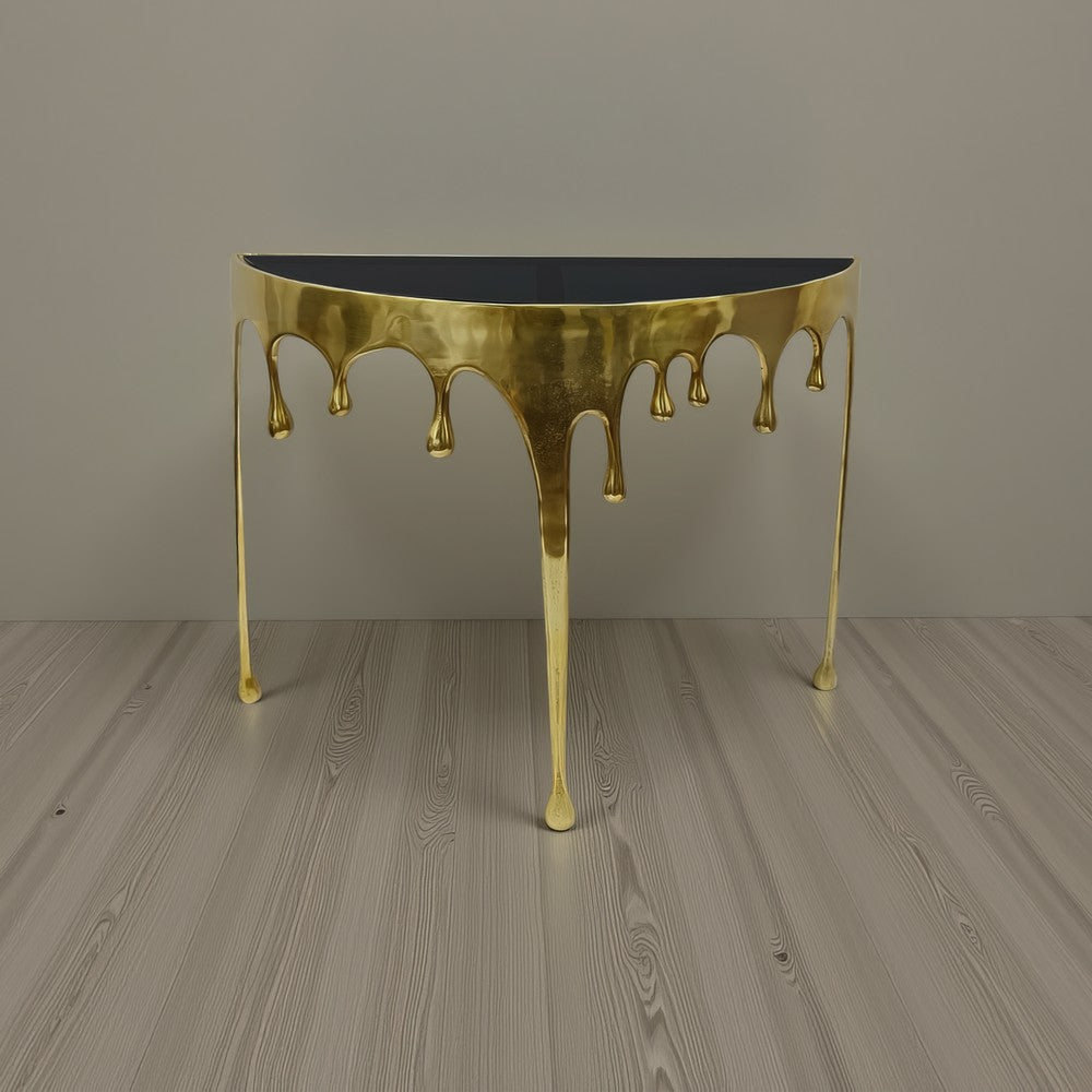 Capri Sofa Console Table | 36.25" Half Moon Glass Top | Melting Drip Design | Aluminum Cast | Antique Gold -  UPT-332447