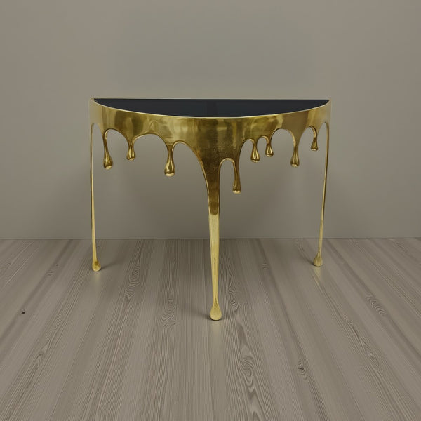 Capri Sofa Console Table | 36.25" Half Moon Glass Top | Melting Drip Design | Aluminum Cast | Antique Gold -  UPT-332447