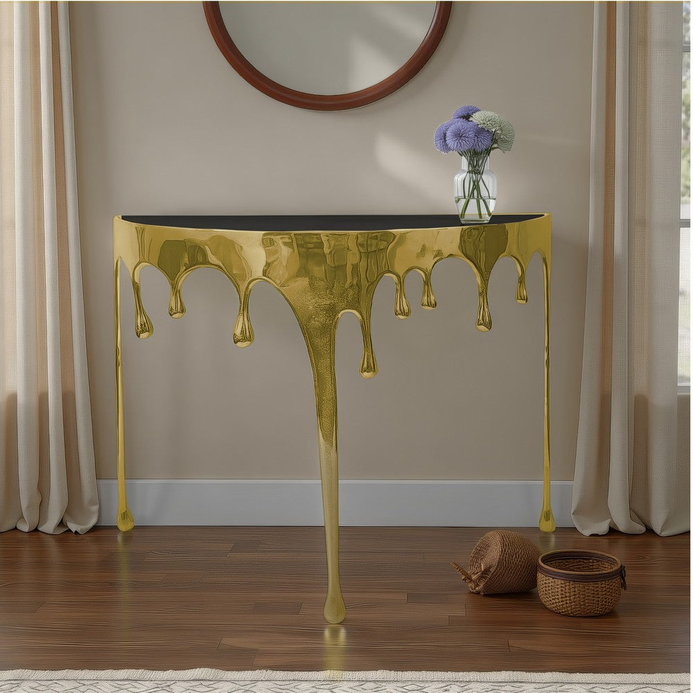 Capri Sofa Console Table | 36.25" Half Moon Glass Top | Melting Drip Design | Aluminum Cast | Antique Gold -  UPT-332447