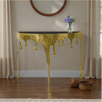 Capri Sofa Console Table | 36.25" Half Moon Glass Top | Melting Drip Design | Aluminum Cast | Antique Gold -  UPT-332447