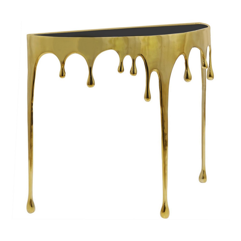 Capri Sofa Console Table | 36.25" Half Moon Glass Top | Melting Drip Design | Aluminum Cast | Antique Gold -  UPT-332447