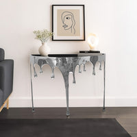 Capri Sofa Console Table | 36.25" Half Moon Glass Top | Melting Drip Design | Aluminum Cast | Silver - UPT-332448