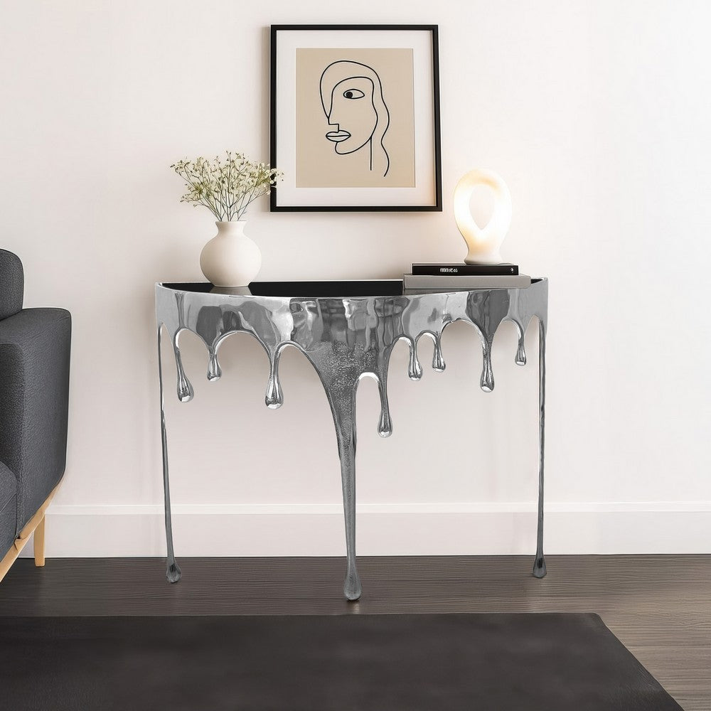 Capri Sofa Console Table | 36.25" Half Moon Glass Top | Melting Drip Design | Aluminum Cast | Silver - UPT-332448