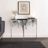 Capri Sofa Console Table | 36.25" Half Moon Glass Top | Melting Drip Design | Aluminum Cast | Silver - UPT-332448