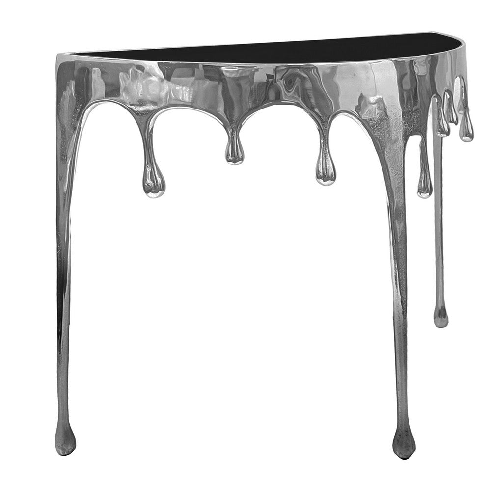 Capri Sofa Console Table | 36.25" Half Moon Glass Top | Melting Drip Design | Aluminum Cast | Silver - UPT-332448