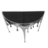 Capri Sofa Console Table | 36.25" Half Moon Glass Top | Melting Drip Design | Aluminum Cast | Silver - UPT-332448