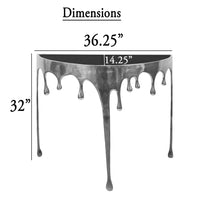 Capri Sofa Console Table | 36.25" Half Moon Glass Top | Melting Drip Design | Aluminum Cast | Silver - UPT-332448