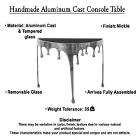 Capri Sofa Console Table | 36.25" Half Moon Glass Top | Melting Drip Design | Aluminum Cast | Silver - UPT-332448