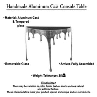 Capri Sofa Console Table | 36.25" Half Moon Glass Top | Melting Drip Design | Aluminum Cast | Silver - UPT-332448