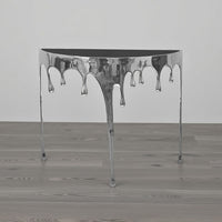 Capri Sofa Console Table | 36.25" Half Moon Glass Top | Melting Drip Design | Aluminum Cast | Silver - UPT-332448