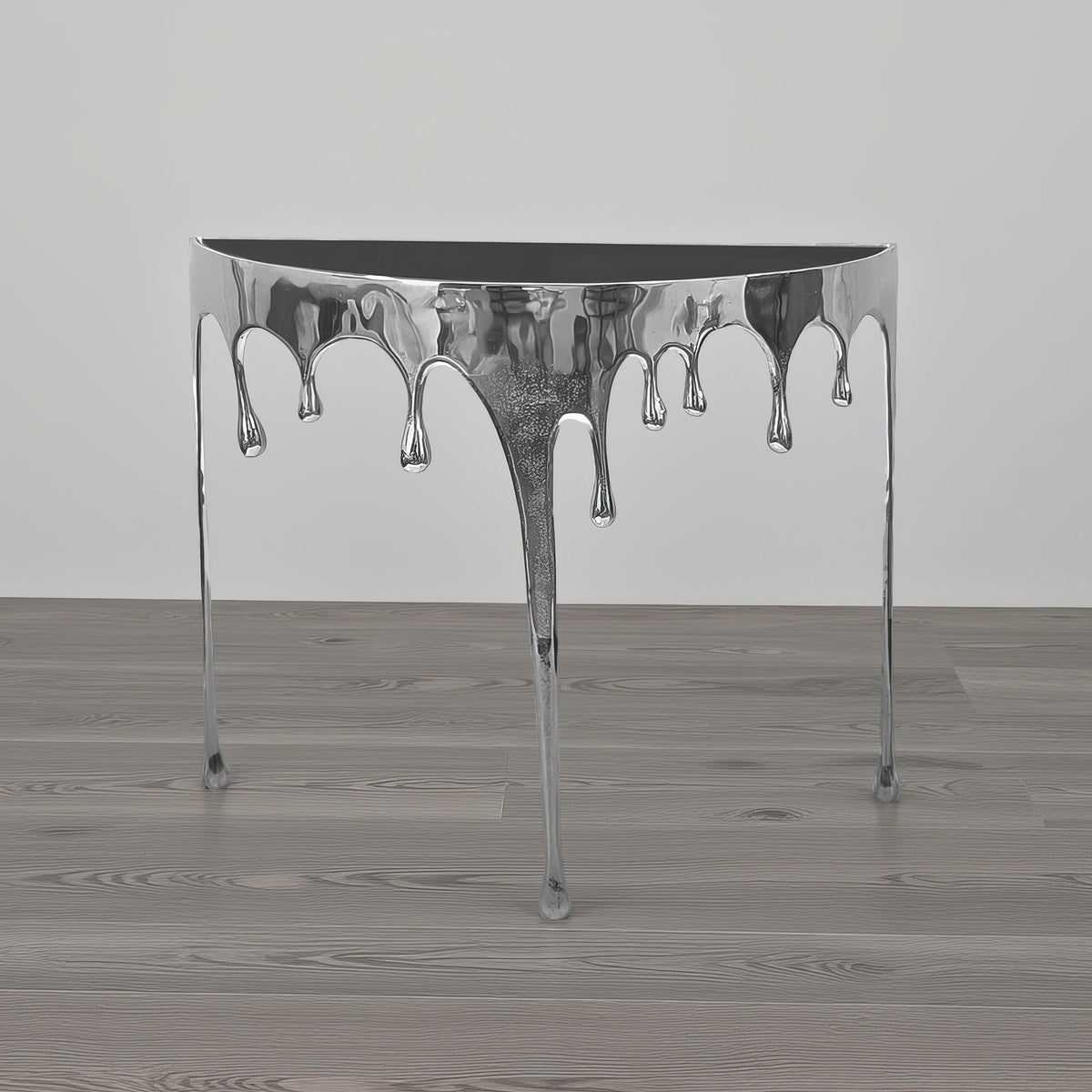 Capri Sofa Console Table | 36.25" Half Moon Glass Top | Melting Drip Design | Aluminum Cast | Silver - UPT-332448