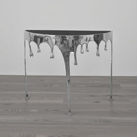 Capri Sofa Console Table | 36.25" Half Moon Glass Top | Melting Drip Design | Aluminum Cast | Silver - UPT-332448