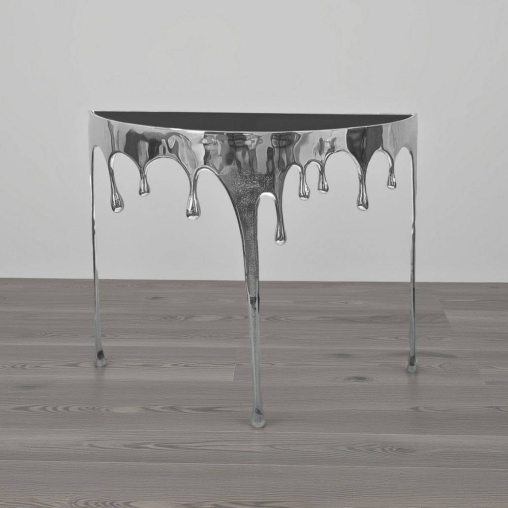 Capri Sofa Console Table | 36.25" Half Moon Glass Top | Melting Drip Design | Aluminum Cast | Silver - UPT-332448