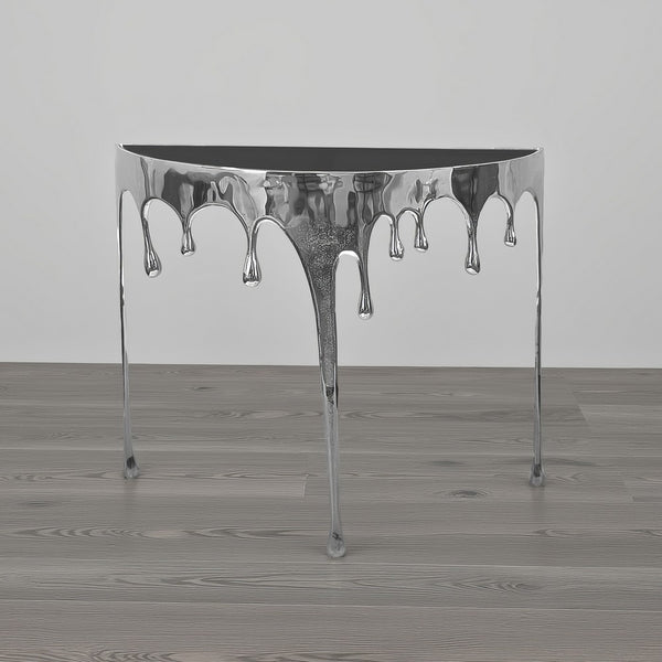 Capri Sofa Console Table | 36.25" Half Moon Glass Top | Melting Drip Design | Aluminum Cast | Silver - UPT-332448