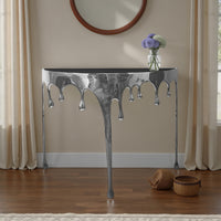 Capri Sofa Console Table | 36.25" Half Moon Glass Top | Melting Drip Design | Aluminum Cast | Silver - UPT-332448