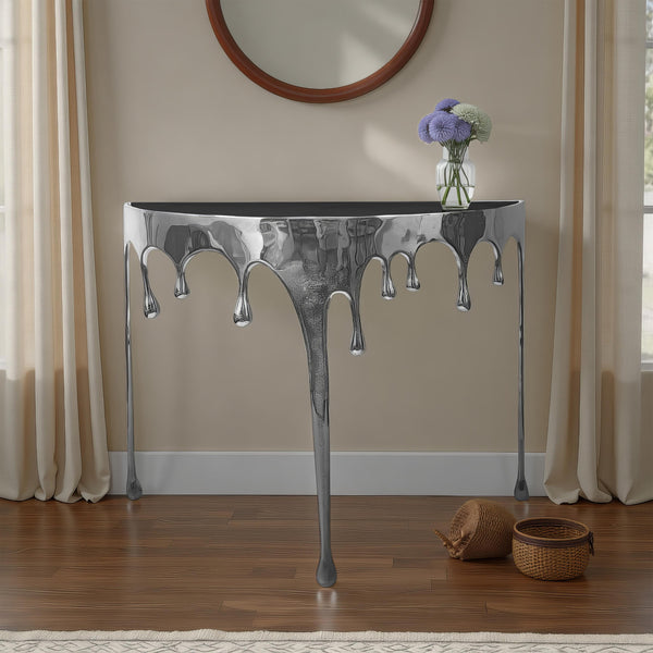 Capri Sofa Console Table | 36.25" Half Moon Glass Top | Melting Drip Design | Aluminum Cast | Silver - UPT-332448